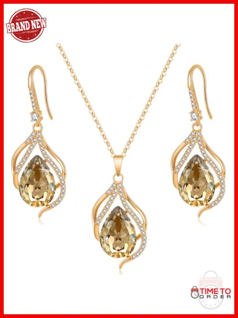 Austrian Crystal Teardrop Halo Pendant Necklace Earrings Set 14K Gold Plated